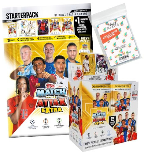Bundle mit Match Attax Champions League 2024/25 EXTRA - Trading Cards - 1 Starter + 1 Display (24 Booster) + Exklusive Collect-it Hüllen,1 Booster mit 12 Karten, mindestens 4 Spezial Karten dabei