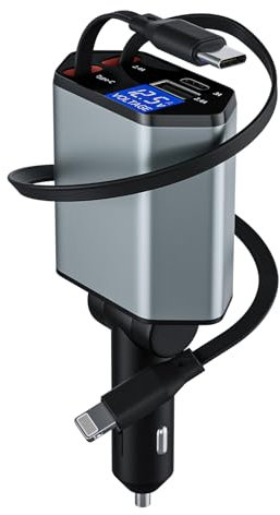 Einziehbares Auto Ladegerät USB C, 2025 New autoladegerät zigarettenanzünder 65W Kfz Zubehör, 4in1 car Charger 12v USB Adapter Auto ladekabel mit iPhone 16/15/14/13, Samsung S24/S23