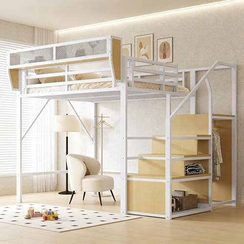 Wyibwy Letto a soppalco 90x200 cm in struttura metallo,letto a castello 90x200 con scaletta di sicurezza e vano contenitore flessibile,letto singolo per bambini,senza materasso,Bianco