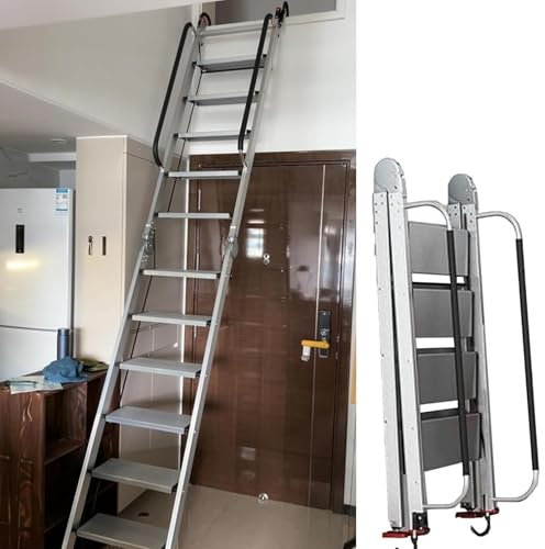 Misorat Dachbodentreppe Metall-Dachbodenleiter für Zweistöckiges Haus, Dachbodentreppe, Klappbare Trittleiter, Feuerleiter für Wohnungen, Robuste Dachbodentreppen-Sicherheit,10 Step