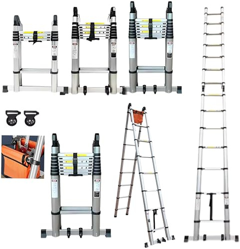 Teleskopleiter Klappleiter 4.2M/5.8M/6.6M Aluminium Mehrzweckleiter mit Abnehmbaren Rädern und Stabilisatoren,Leichtzu VerstauenTragbar für Wohnmobil/Dachboden/Büro/Warenhaus Max Belastung 150KG 6M6