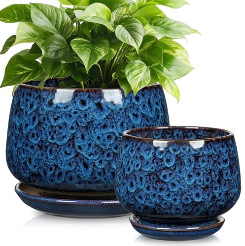 Oairse 17cm + 12cm Blue Ceramic Plant Pots with Drainage Holes & Saucers, 2 PCS Glazed Flower Pots Set for Indoor Plants, Modern Decorative Ceramic Planters for Home, Office & Windowsill