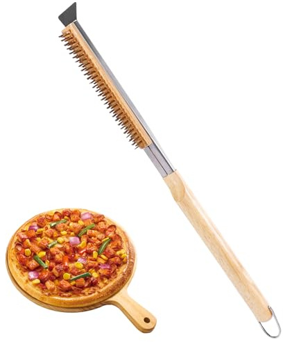 Zorplex Pizzaofen Reinigungsbürste mit Messingborsten und Edelstahlschaber, mit Holzgriff und Aufhängeöse, Grill Pizzastein Reinigungsbürste für Pizzasteine, Grills und Outdoor-Öfen