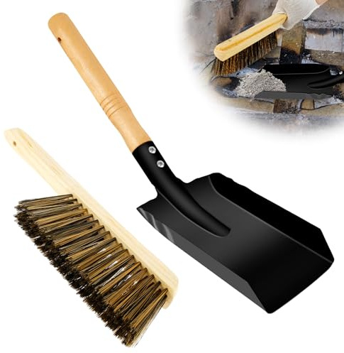Sutowe Kamin-Ascheschaufel und Bürstenset, Metall-Kohlenschaufel und Herdbürste, Aschereinigungswerkzeug für Öfen, Feuerstelle, Kaminbesen und Kehrschaufel-Set