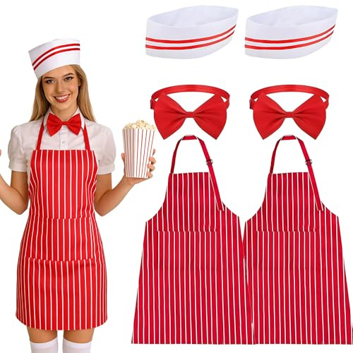 Shengruili Popcorn Kostüm,Schürze Popcorn,Kellner Kostüm im 50er Jahre Stil,Schürze Rot Weiß Gestreift,Kochmütze Schürze Set,Karneval Zirkus Cosplay Party