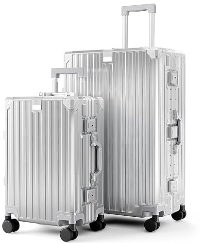 ALPHA CAMP Koffer Set M XL Kofferset 2 Teilig Hartschalenkoffer Set Groß | Suitcase Set Silber Polycarbonat Vor Allem Aluminium Rahmen TSA Schloss mit RollenHandgepäck Luggage Set Reisekoffer Reisen