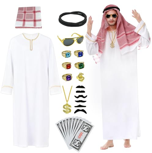 PATEMZON Araber Kostüm, Scheich Kostüm Herren mit Goldrand, Kopftuch, Sonnenbrillen, Falscher Bart, Halsketten und Finger Ring, Arabische Kleidung Herren für Halloween Karneval Party Cosplay (XL)