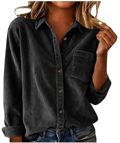 EMATOP Damen Langarm Cordbluse Lässiges Einfarbig Hemdbluse Vintage Elegante Bluse Cordhemd Tops Button Down Revers Cordjacke Festliche Baumwolle Blusenshirt Bequem Business Langarmshirt