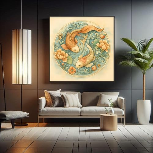 Koi-Fisch-Leinwandbild, japanisches Yin-Yang-Koi-Kunstwerk, Boho-Wanddeko, Gemälde, Zen-Kunst, Koi-Fisch-Gemälde (50 x 50 cm/rahmenlos)