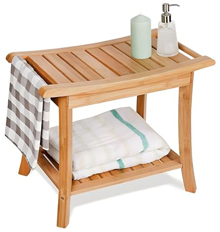 plplaaoo Tabouret de Douche avec Porte-Serviettes, Support de Rangement antidérapant, Banc de Douche en Bambou Naturel, Multifonctionnel, pour entrée, Chevet, Organisateur de Salle de Bain