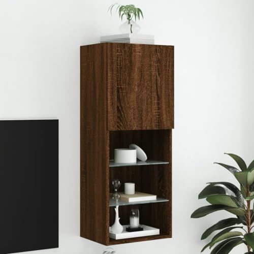 Owoxanthellate Tall TV Stand Cabinet with RGB LED Lights 40.5x30x102 cm Brown Oak Engineered Wood Wall-Mounted or Floor Media Unit for Living Room Bedroom
