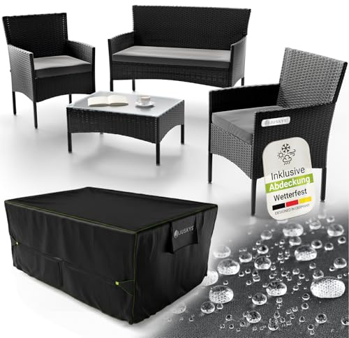 Juskys Polyrattan Gartenmöbel Set Fort Myers 4 Personen Schwarz/Grau | Lounge mit 2er Sofa, 2 Stühlen & Tisch, wetterfeste Balkonmöbel, Terrassenmöbel, Stahlgestell, Auflagen