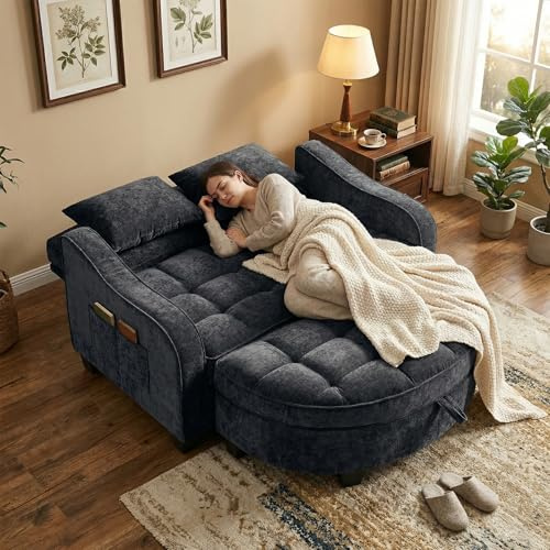 AliSefaiy Schlafsofa Klein,Sofa Mit Schlaffunktion132×129×93cm (Schwarz) | 2-In-1 Couch Klein With Aufbewahrungs-Hocker&4 Kisse&Seitenfach-Aufbewahrung Für Kleine Wohnzimmer/Studienzimmer/Schlafzimmer