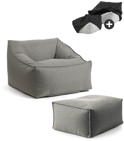 mokebo Gartensessel mit Hocker & Schutzhülle 'Der Sunnyboy' Made in Germany, Outdoor Sitzsack, Bean Bag mit Füllung, als Liegekissen, Gartenliege, Relaxliege, Bodenkissen oder Liege in Steingrau