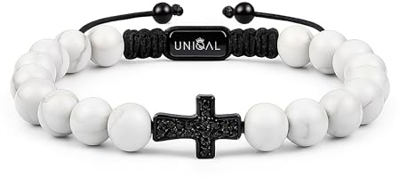 UNIQAL | Damen Herren Armband Naturstein Perlen 8mm | Kreuz Zirkonia | Verstellbar | Tigerauge Onyx Lava Hämatit Lapislazuli | Verschiedene Modelle & Farben | Geschenk Männer Schmuck