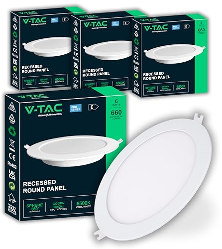 V-TAC 4x LED-Einbaustrahler Rund 6W – PRO SERIES – Durchmesser 120 mm – 660 Lumen – IP20 – für Decke, Zuhause, Gipskarton – Ultra Flach Lampen – Lochmaß 107–112 mm – 4-er Pack - Kaltweiß 6500K