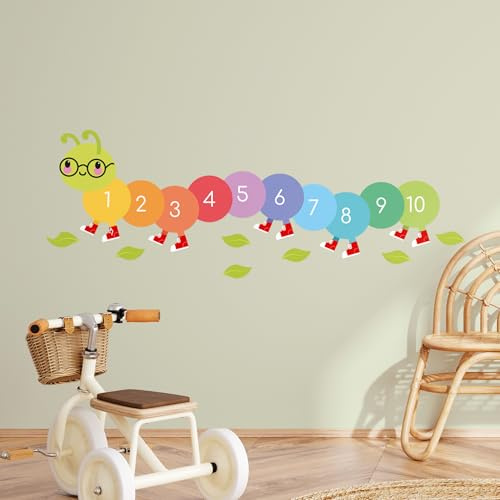Klebekerlchen® | Wandtattoo Kinderzimmer Mädchen & Junge, Zahlen Wandsticker selbstklebend, wiederverwendbare Kinderzimmer Deko zum Lernen – Kunterbunte Raupe