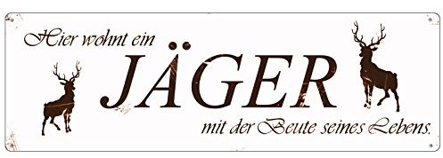 METALLSCHILD Vintage Blechschild HIER WOHNT EIN JÄGER Mitbringsel für Freund Kollege Dekoschild
