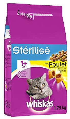 Whiskas Adulte 1+ – Croquettes pour chat adulte stérilisé – au Poulet – 6 Sacs de 1,75kg