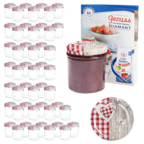MamboCat - Set de 50 bocaux en Verre de 350 ML avec Couvercle à Visser avec cœur et Motif en Bois Livret de Recettes Inclus pour Faire des conserves et des bocaux Convient pour Le Four