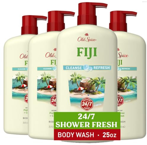 Old Spice Body Wash for Men, 24/7 Shower Fresh with Lasting Scent, Cleanse & Refresh, Gentle on Skin, Vitamin B3, Fiji with Palm Tree + Coconut Scent, 25 oz (Pack of 4)