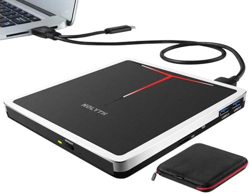 NOLYTH Externes DVD Laufwerk für Laptop: USB 3.0 & Typ-C CD Brenner Extern mit SD/TF/2 USB Ports/Extra Laufwerksgehäuse - Tragbar Plug & Play für Mac MacBook PC Windows