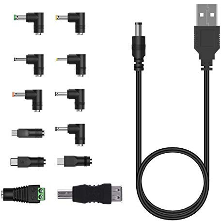 Youmile 5V universel d'alimentation Câble USB vers DC 5.5x2.1mm avec 12PCS Port(5.5x2.5, 4.8x1.7, 4.0x1.7, 4.0x1.35, 3.5x1.35, 3.0x1.1, 2.5x0.7, Micro USB, Type-C, Mini USB, DC Port, USB 2.0 A to B)