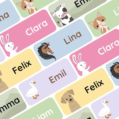Klebekerlchen® Namensaufkleber für Kinder (120 Stück), Kleidung & Gegenstände Namensschilder personalisiert und waschmaschinenfest, Schule und Kindergarten - Haustiere