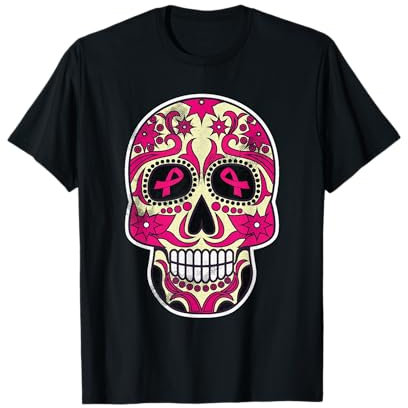 Ruban rose pour sensibilisation au cancer du sein - Octobre - Crâne d'Halloween T-Shirt