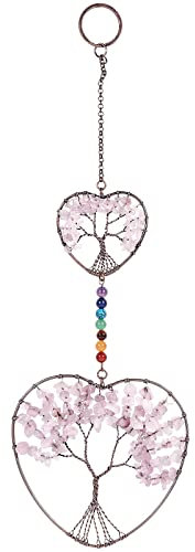 KYEYGWO Rosenquarz Baum des Lebens Hängen Deko, Herz Wand Hängende Ornament Kristall Traumfänger Handgemacht Hängedeko Edelstein Fensterdekoration für Haus Hochzeit Souvenir Büro