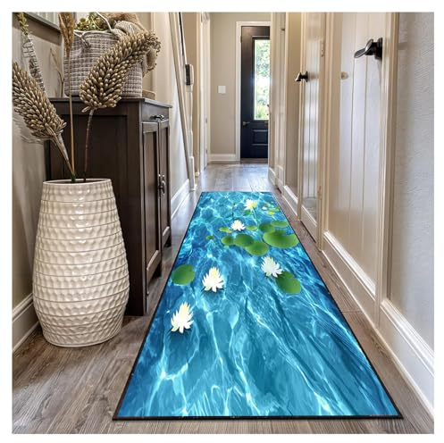 Siunwdiy 3D Teppich Läufer Flur 60x300 cm blau/weiß - moderner Küchenteppich mit Seerosen Motiv & Wassermuster, rutschfest & waschbar für Eingang, Flur, Korridor ,Wohnzimmer | Flurläufer Lang