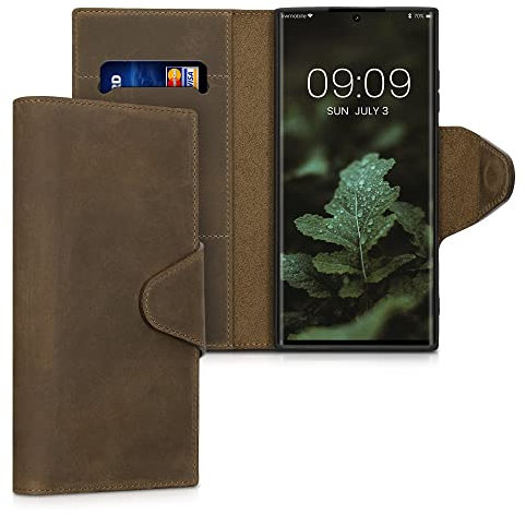 kalibri Étui Portefeuille Compatible avec Samsung Galaxy S22 Ultra - Étui à Rabat pour Smartphone en Cuir avec Compartiment Carte et Support - Marron