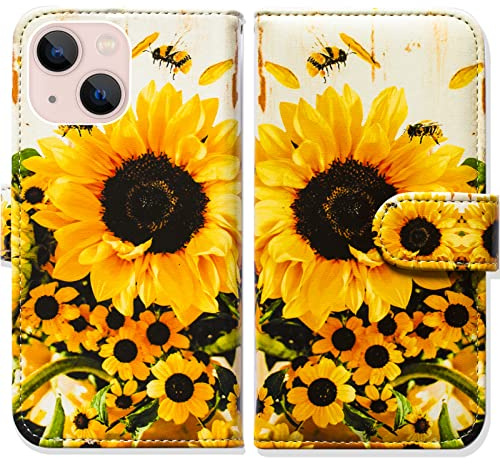 Bcov Case for iPhone 14, Sunflower Bee Flip Phone Case Wallet Cover with Card Slot Holder Kickstand For iPhone 14