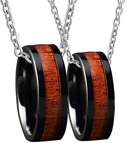 Wedding Band Ring Sets for Him and Her, Tungsten Rings Pendant Necklace 8mm Black Inlay Wood | Women N 1/2 & Men T 1/2