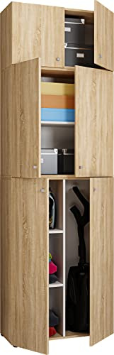 VCM Holz Besenschrank | 6 Fächer | Maße: H. 223 x B. 70 x T. 39 cm | Haushaltsschrank | Mehrzweckschrank | Aufsatz mit Zwei Türen - Lona