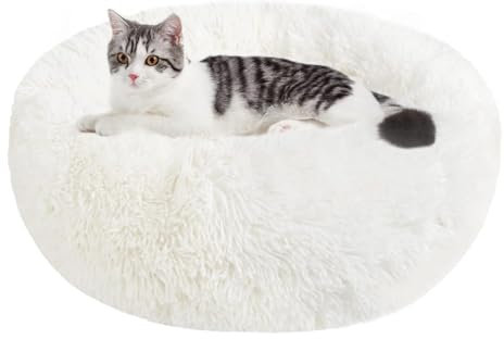 Panier Chien et Chat Moelleux Rond - Coussin Chat et Chien Anti Stress Apaisant en Peluche, Donut Lit Confortable Lavable pour Chat Chien Petit Moyen Taille (M, Blanc)