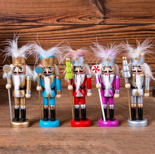5pcs 12cm Small Wooden Nutcracker Soldier Christmas Nutcracker Figures Hanging Ornaments,Nutcracker Christmas Decorations,Mini Nutcracker Soldier Puppet Doll Pendant for Tree Tradition Xmas Decor