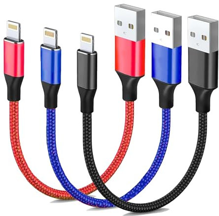 GORILLAPLANET [3 PACK] iPhone Cable Short [25CM, MFi Certified] Nylon Braided Charger Cable Fast Charging for Lightning iPhone 13 12 11 Pro Max X XS XR 10 8 7 Plus 6 6s [3 COLOURS]