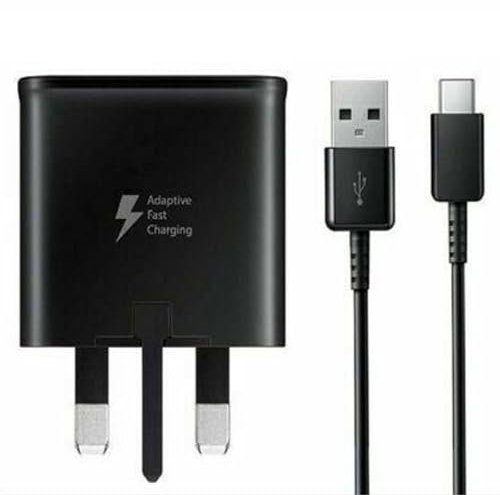 Genuine Original Samsung EP-TA200 / EP-TA20 Adaptive Fast Charging Adaptive UK Wall Plug Adapter & Samsung USB A to Type C Charge Cable Lead (Black Charger & Lead)
