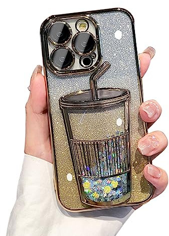 3D Bling Sparkle Plating Juice Bottle Designer Phone Case Compatible with iPhone 14, Cute Liquid Floating Gradient Glitter Quicksand Cup Phone Case Cover with Camera Protection for Women - Gold