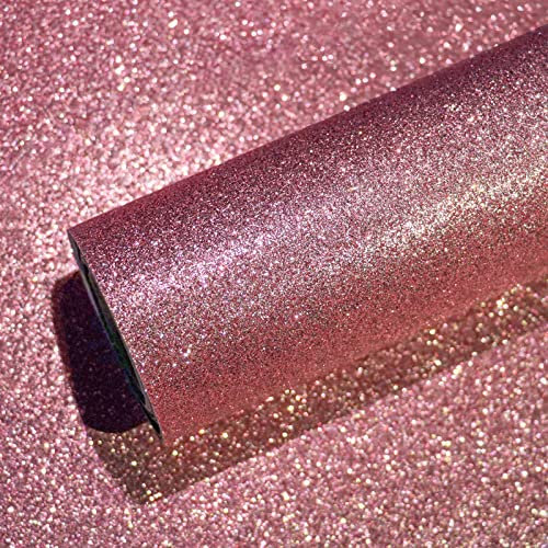 VEELIKE Glitzer Tapete Roségold Vintage Glitzerfolie Rosa Wandtapete Altrosa Möbelfolie Selbstklebende Folie Glitzer Tapeten Schlafzimmer Deko Wohnzimmer Glitzerpapier Dekorfolie Schrank 40cm×300cm