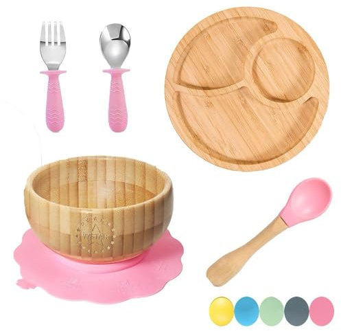 77Star 77 Star Bamboo Baby Weaning Set, Baby Suction Bowl, Suction Plate Baby, Spoon & Fork, Strong Detachable Suction Base Baby Feeding Set, Non-Slip Bamboo Bowl & Baby Plates with Suction (Pink 1)