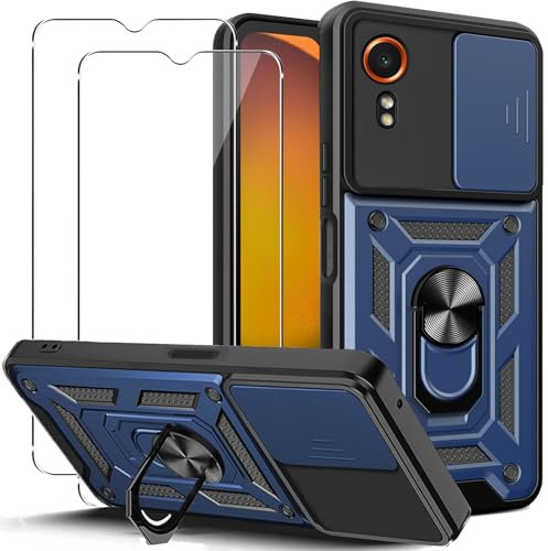 KUSINHOKA Coque pour Samsung Galaxy Xcover 7 avec entille Coulissante Couverture et Support Rotatif + [2 Pièces] Verre Trempé, Étui de Protection de Qualité Militaire [Antichoc] Rigide Housse, Bleu