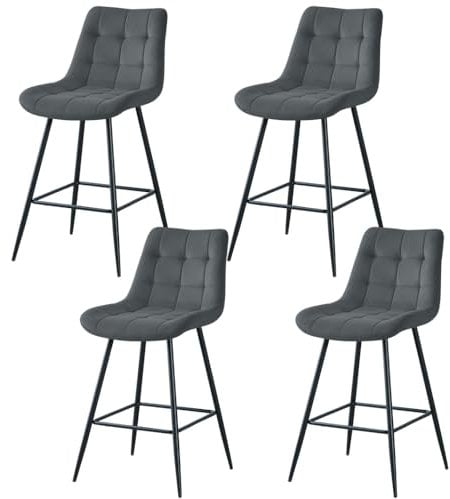 JYMTOM Samt Barhocker 4er Set, Barstühle mit gepolsterten Rückenlehnen und Fußstütze aus Metall, Retro Design Bistrohocker für Bar, Küche, Theke und Bistro (4, Grau)