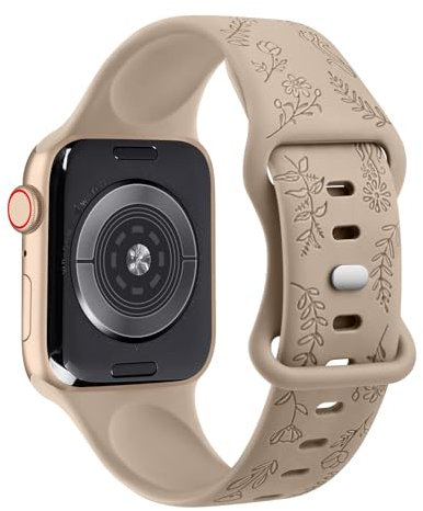 YLK Gravés Fleurs Bracelet Compatible avec Apple Watch 38mm 40mm 41mm 42mm 44mm 45mm 46mm 49mm Femme, Souple Silicone Bracelet de Remplacement avec iWatch Series 10 9 8 7 6 5 4 3 SE SE2 Ultra Ultra 2