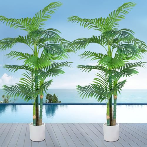 6FT Fake Palm Trees 2pcs, Artificial Golden Cane Palm Tree 72IN, Green Large Tropical Palm Fake Plant in Pot for Indoor Outdoor, Living Room Outside Patio Office Home Decor