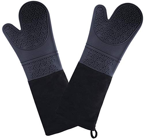 1 paio di guanti da forno extra lunghi da 40 cm, in silicone, resistenti al calore, con fodera trapuntata, per barbecue e cottura