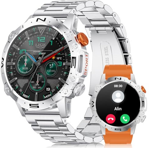 LIGE Montre Connectée Homme avec Appel Bluetooth et Assistant Vocal pour Android iOS, 1,43 AMOLED Smartwatch avec Moniteur de Santé 24 Heures, Podomètre étanche IP68, Calories, Fitness Tracker