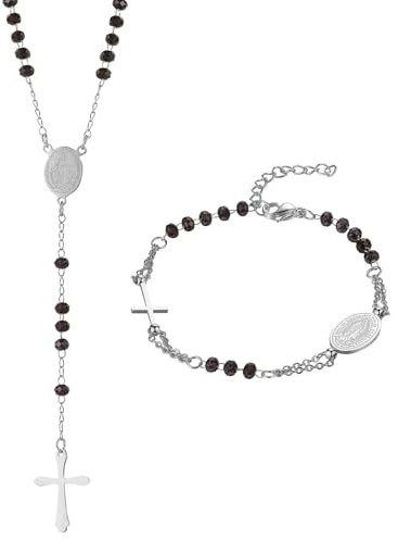 Flongo 2 Stücke Rosenkranz Armband Halskette: Schmuck Set mit Kreuz Anhänger Katholische Jungfrau Maria Silber Schwarz Rosenkranz Edelstahl Verstellbares Armkette Kette Religiöser Schutz Virgin Mary
