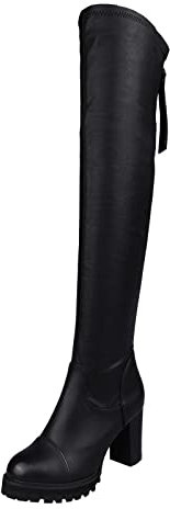 Generico Stivali Polpaccio XXL Stivali per Polpacci Grossi Stivali sopra Ginocchio Elasticizzati con Tacco e Tacco in Pelle Tinta Unita alla da Donna Stivali Donna Ginocchio Stivaletti (Black, 38)